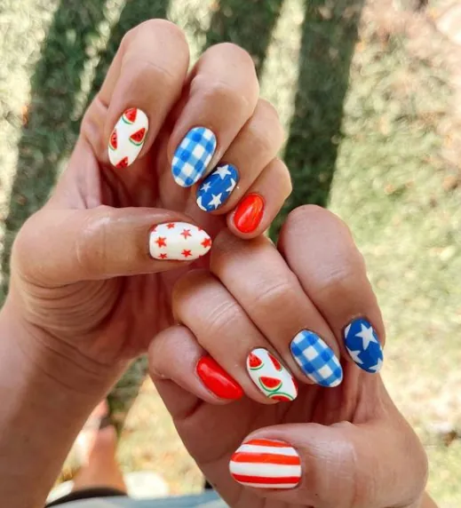 Checkered Red White and Blue Nails